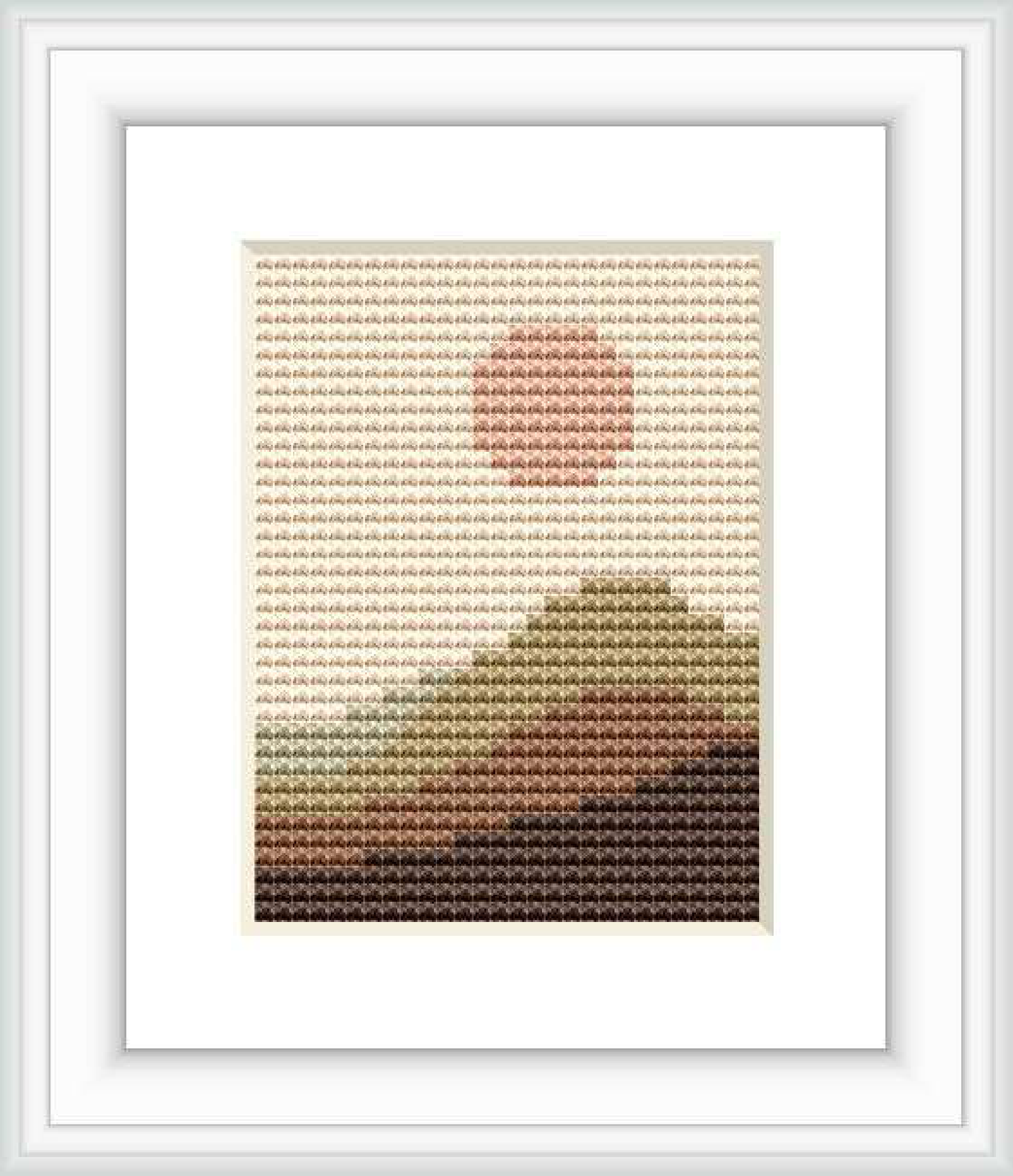 The image shows a framed cross stitch pattern depicting a stylized mountain landscape, with a central round setting sun and layers of hills leading up to it.