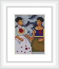 The design shows two stylized figures representing Frida Kahlo, sitting side by side. They appear to be holding hands, and there is a vein connecting their hearts. One is dressed in a white dress with red accents, while the other wears a traditional Tehuana dress.