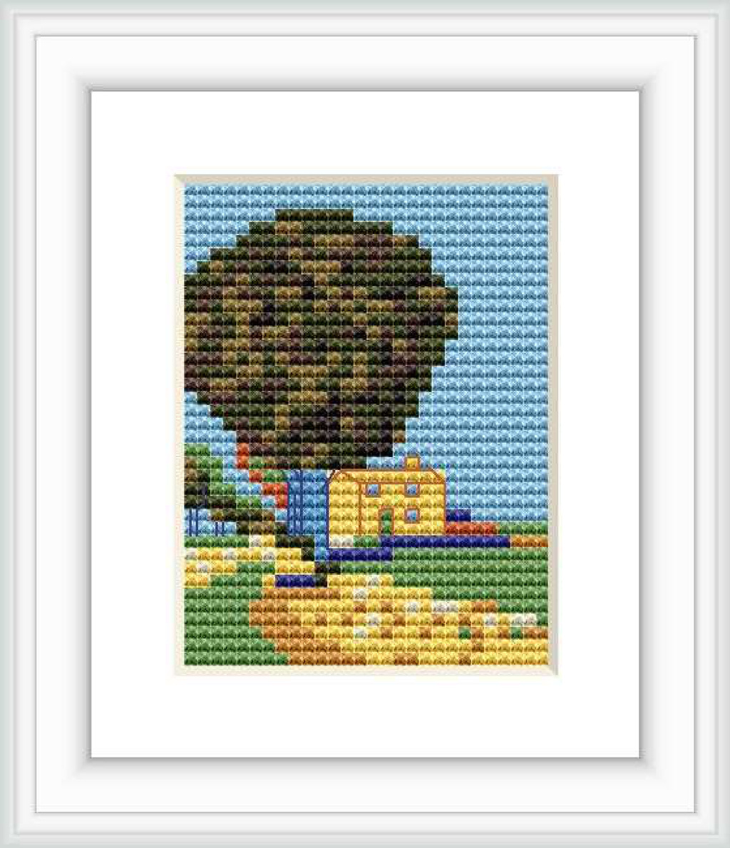 The design features a countryside lane with a large tree, a golden field, a classic blue house, and a clear sky above.