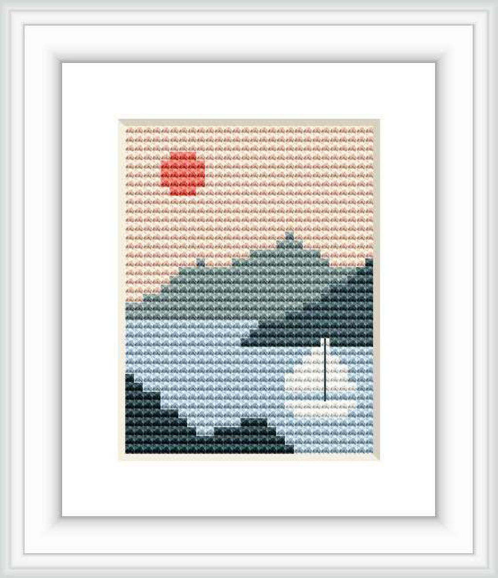 The image depicts a small boat floating on a stylized sea with a subtle representation of waves. Above the boat is a large red sun partially hidden by the horizon, set against a linear gradient sky transitioning from beige to blue.