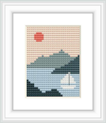 The image depicts a small boat floating on a stylized sea with a subtle representation of waves. Above the boat is a large red sun partially hidden by the horizon, set against a linear gradient sky transitioning from beige to blue.