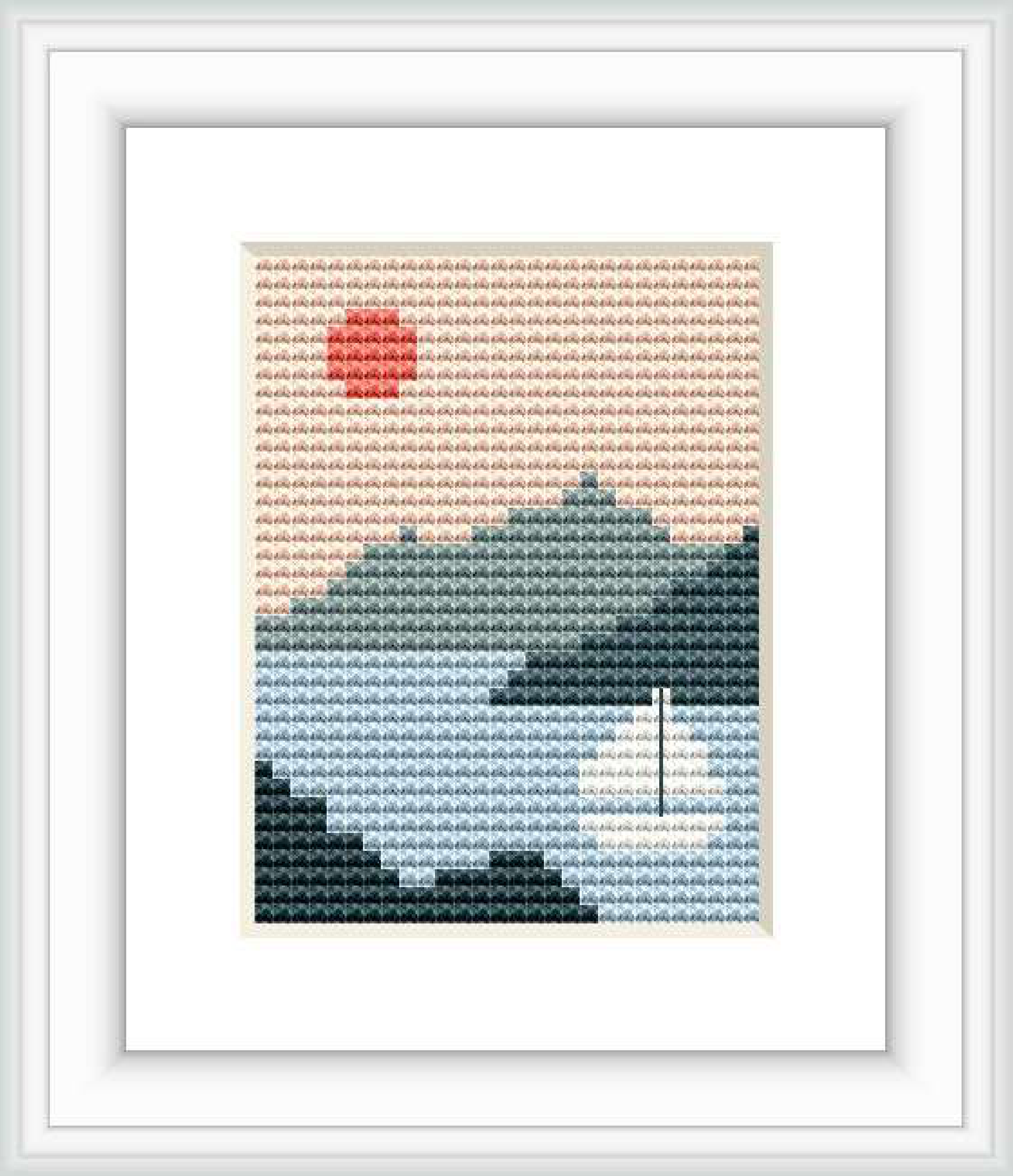 The image depicts a small boat floating on a stylized sea with a subtle representation of waves. Above the boat is a large red sun partially hidden by the horizon, set against a linear gradient sky transitioning from beige to blue.