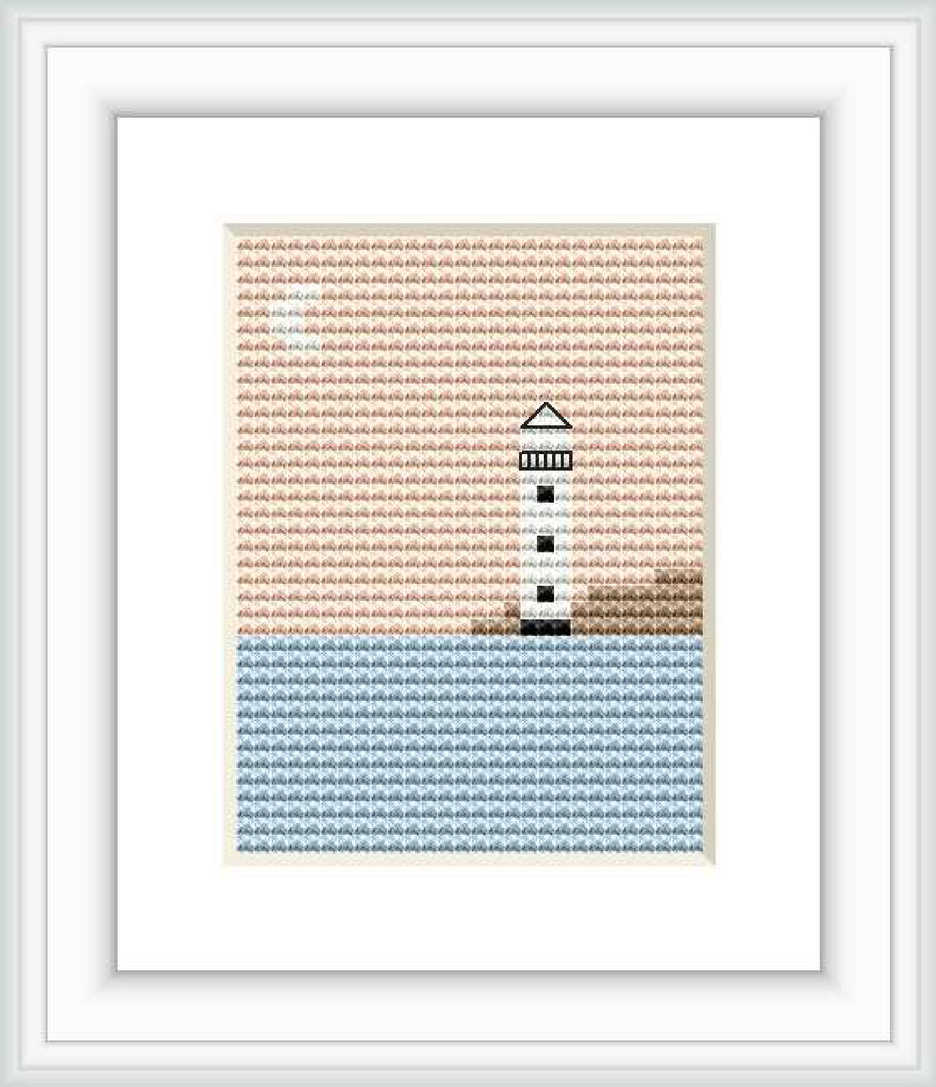 The image displays a cross stitch pattern featuring a small lighthouse with a white base and a dark roof located at the bottom center, sitting at the edge of a stylized body of blue water. Behind the lighthouse is a textured sepia-toned backdrop representing the sky.