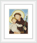 The image depicts a cross stitch pattern of Saint Antonio holding a child, surrounded by a golden halo. The background consists of a sky blue gradient, suggesting a serene atmosphere.