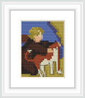 The image displays a small cross stitch pattern depicting a child embracing a cat against a background with varying shades of blue and brown.