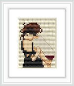 The image displays a cross stitch pattern represented on a wall, framed in white. It depicts an abstract rendition of a mother holding her child close.