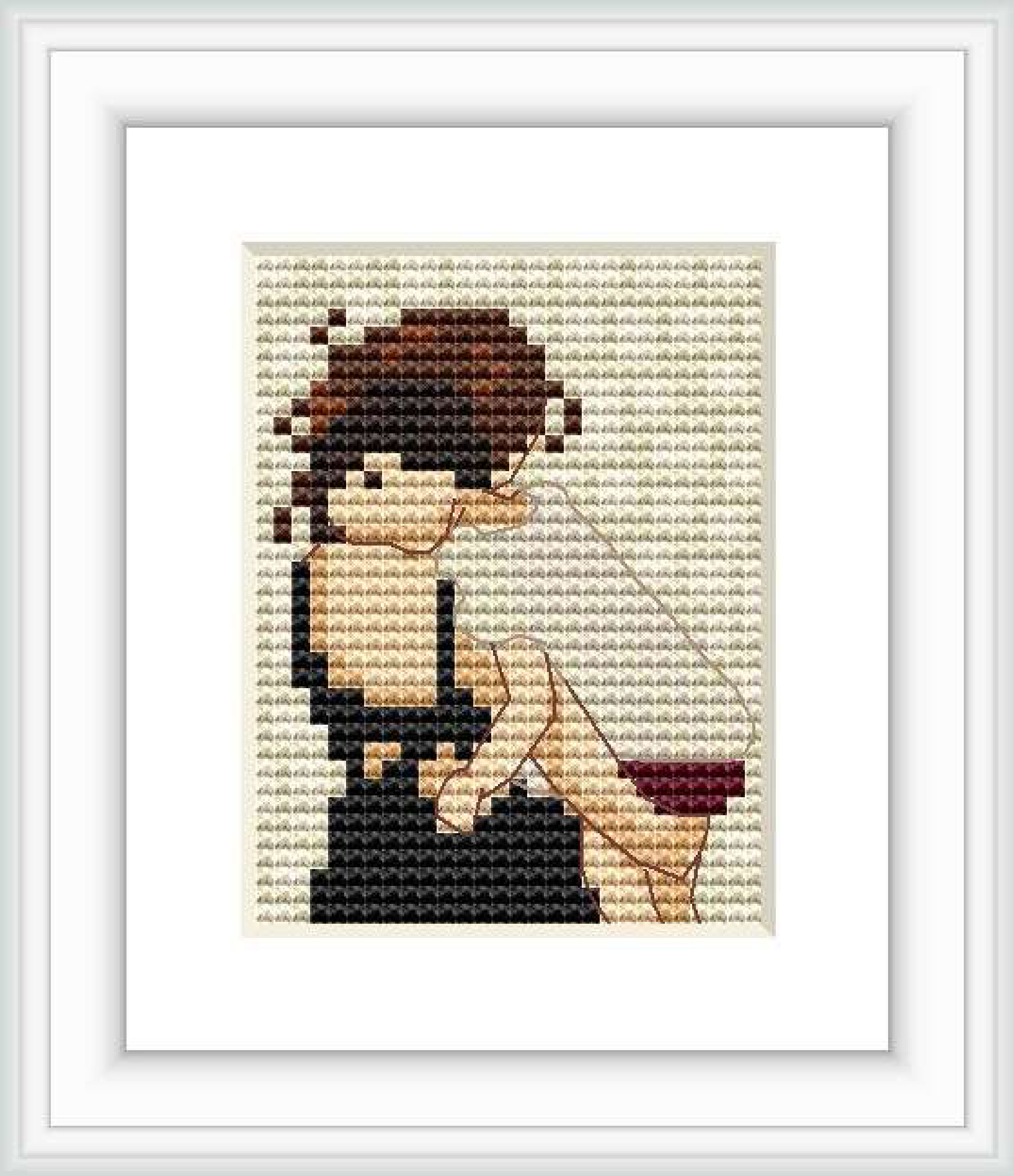 The image displays a cross stitch pattern represented on a wall, framed in white. It depicts an abstract rendition of a mother holding her child close.