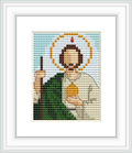 The image shows a framed cross stitch pattern of Saint Jude with a halo above his head, holding an object resembling a flame. He is depicted against a light background with a hint of clouds.