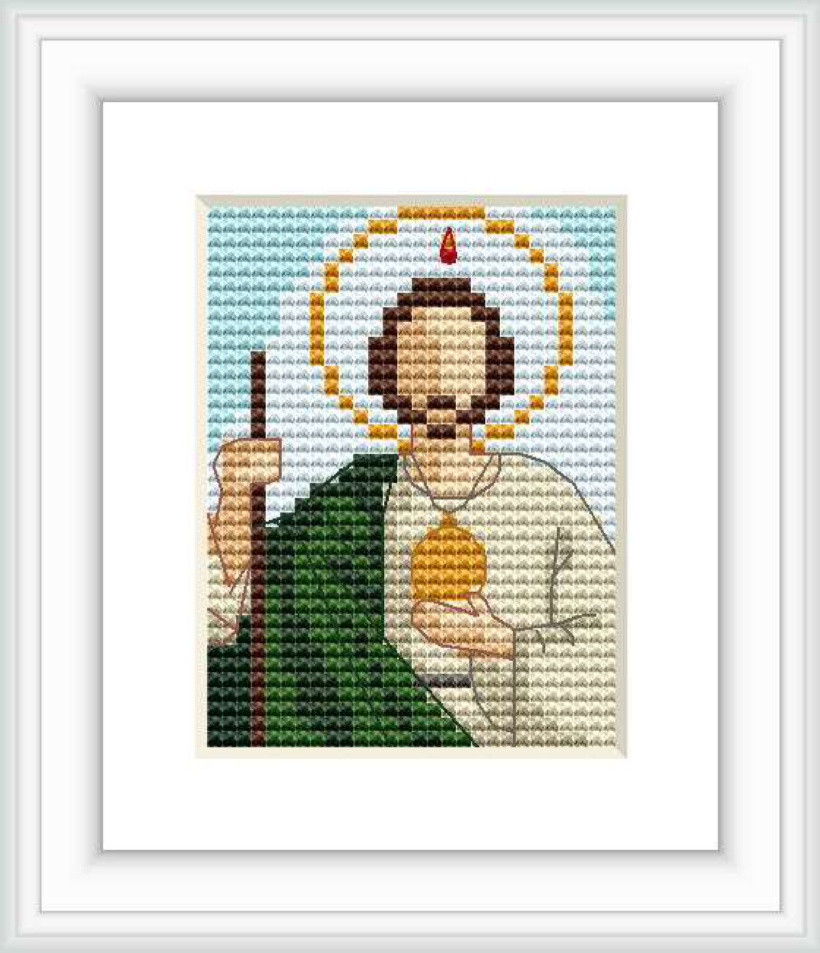 The image shows a framed cross stitch pattern of Saint Jude with a halo above his head, holding an object resembling a flame. He is depicted against a light background with a hint of clouds.