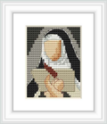 The cross stitch pattern depicts a framed image of St. Teresa of Avila in a habit, with her hands clasped in front of her.