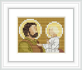 The cross stitch pattern features two figures with halos, presumed to be St. Joseph and a child, embracing each other. They are portrayed against a golden olive background with the figures predominantly in earth tones.