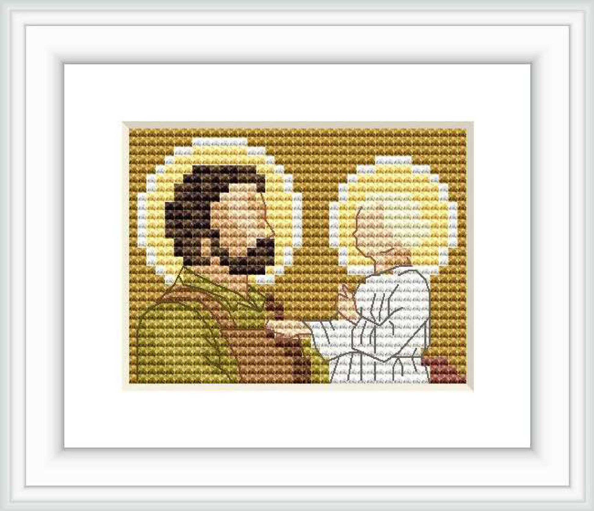 The cross stitch pattern features two figures with halos, presumed to be St. Joseph and a child, embracing each other. They are portrayed against a golden olive background with the figures predominantly in earth tones.