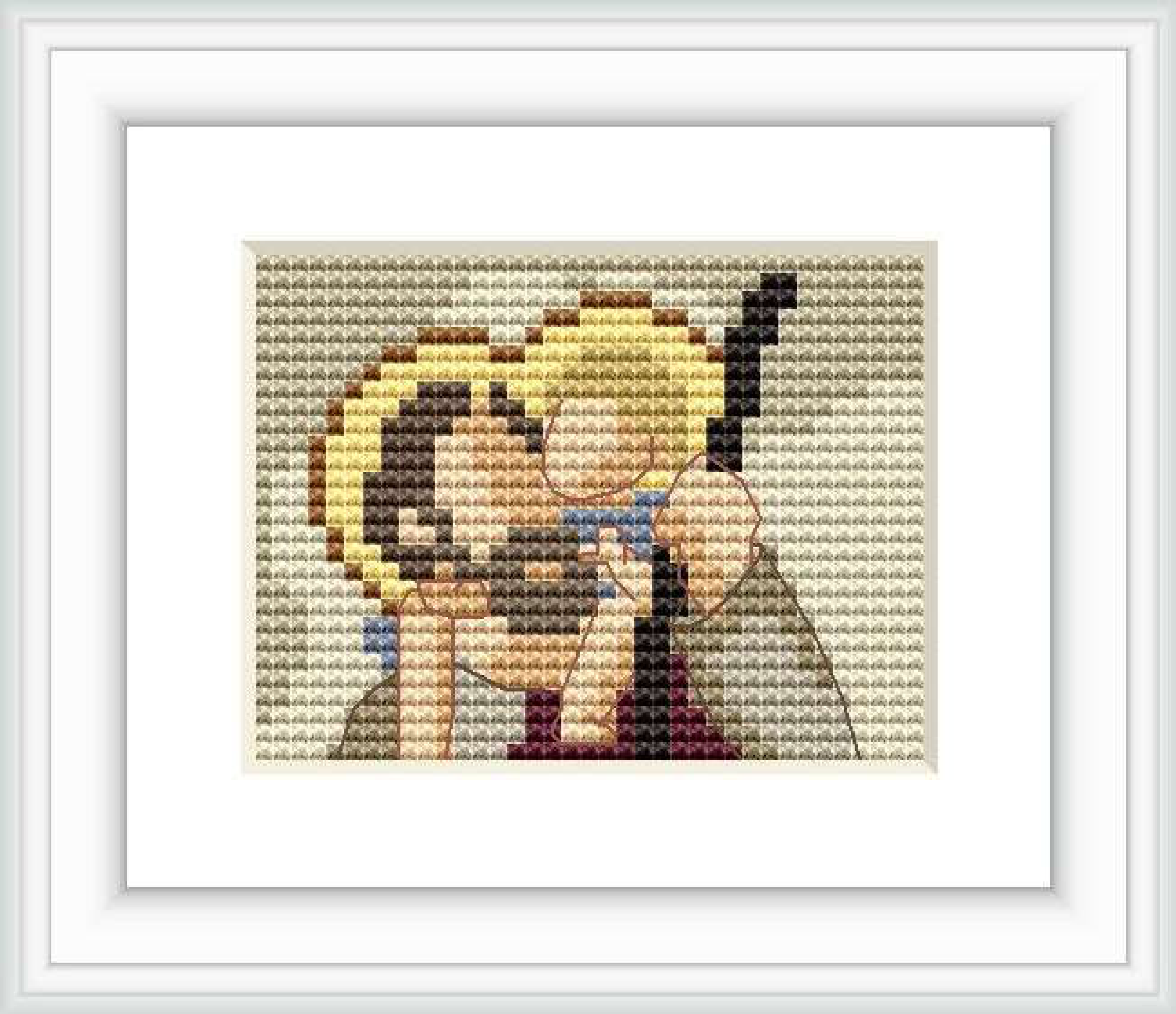 The stitched image depicts a haloed figure holding a staff and cradling an infant, symbolizing St. Christopher carrying the Christ child. They are positioned against an earth-toned background with a marbled pattern.