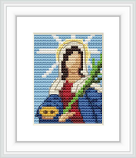 This cross stitch pattern features Saint Lucy portrayed against a sky blue background, haloed with light rays. She is depicted in a blue robe and red garment beneath, holding a green branch and a dish with two eyes.