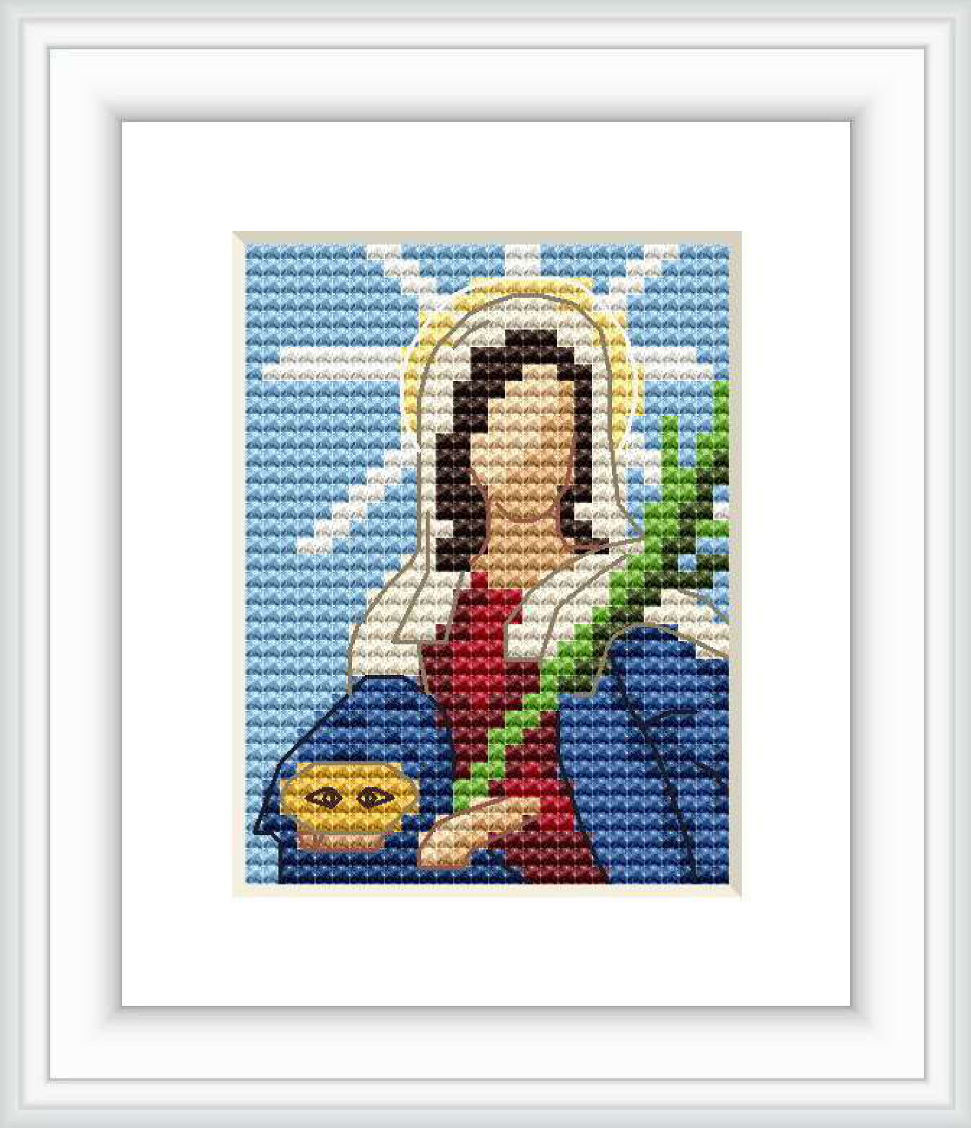 This cross stitch pattern features Saint Lucy portrayed against a sky blue background, haloed with light rays. She is depicted in a blue robe and red garment beneath, holding a green branch and a dish with two eyes.