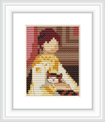 This cross stitch pattern depicts a child with a red hat sitting next to a cat, with a background of alternating colored blocks.