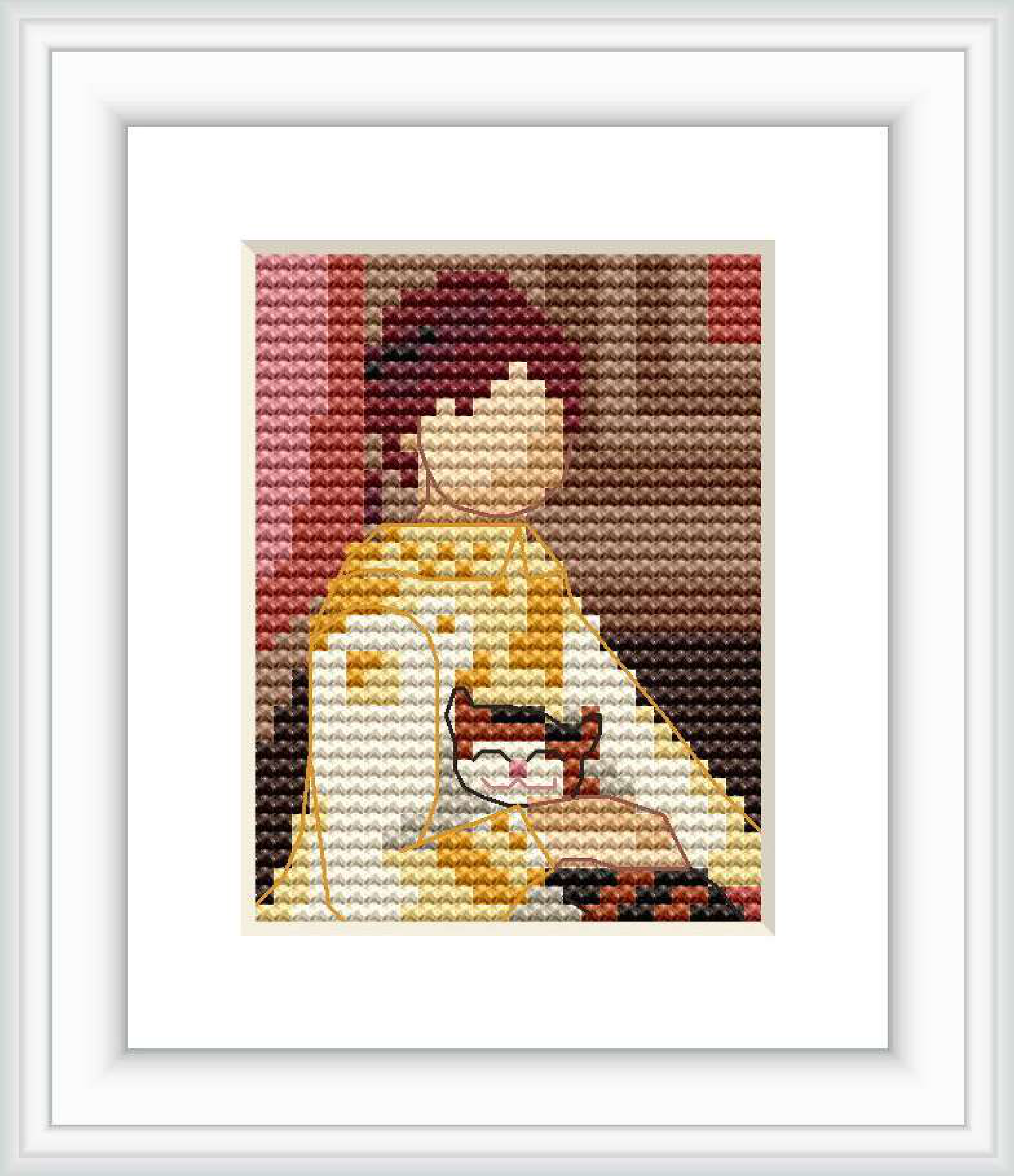 This cross stitch pattern depicts a child with a red hat sitting next to a cat, with a background of alternating colored blocks.