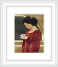 The cross stitch design depicts a side profile of a woman in a red dress, holding a crystal ball in her hands, against a dark background with a golden edge.