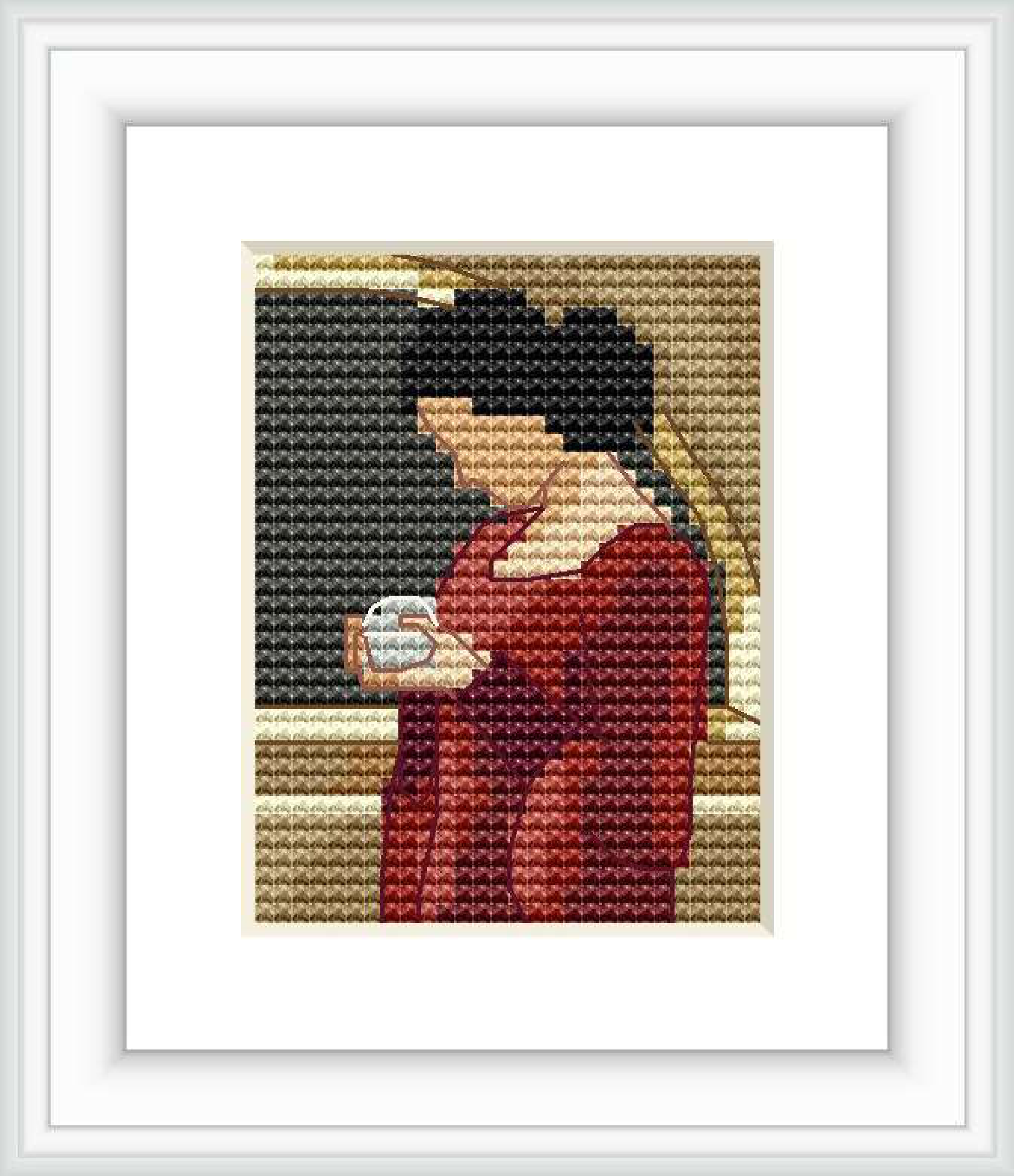 The cross stitch design depicts a side profile of a woman in a red dress, holding a crystal ball in her hands, against a dark background with a golden edge.