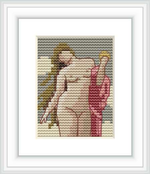 The cross stitch pattern shows a depiction of Venus, the goddess of beauty, in a classical composition with a neutral background. She is portrayed in a reclining position with her torso slightly turned and her long hair cascading down her back.