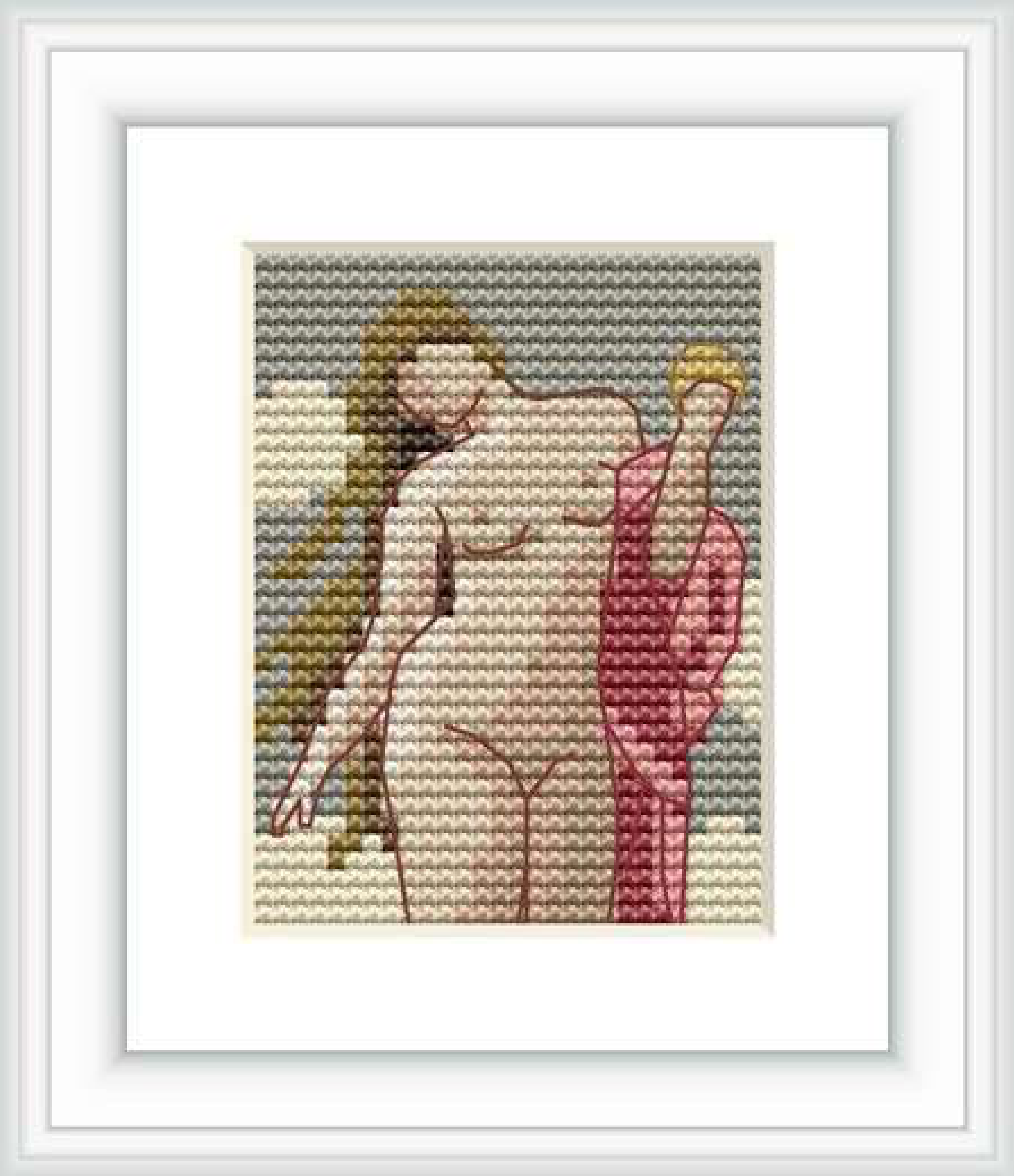 The cross stitch pattern shows a depiction of Venus, the goddess of beauty, in a classical composition with a neutral background. She is portrayed in a reclining position with her torso slightly turned and her long hair cascading down her back.