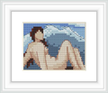 The image depicts a figure reclining against a backdrop of wavy lines representing the sea, with a calm color palette and a focus on figurative form.