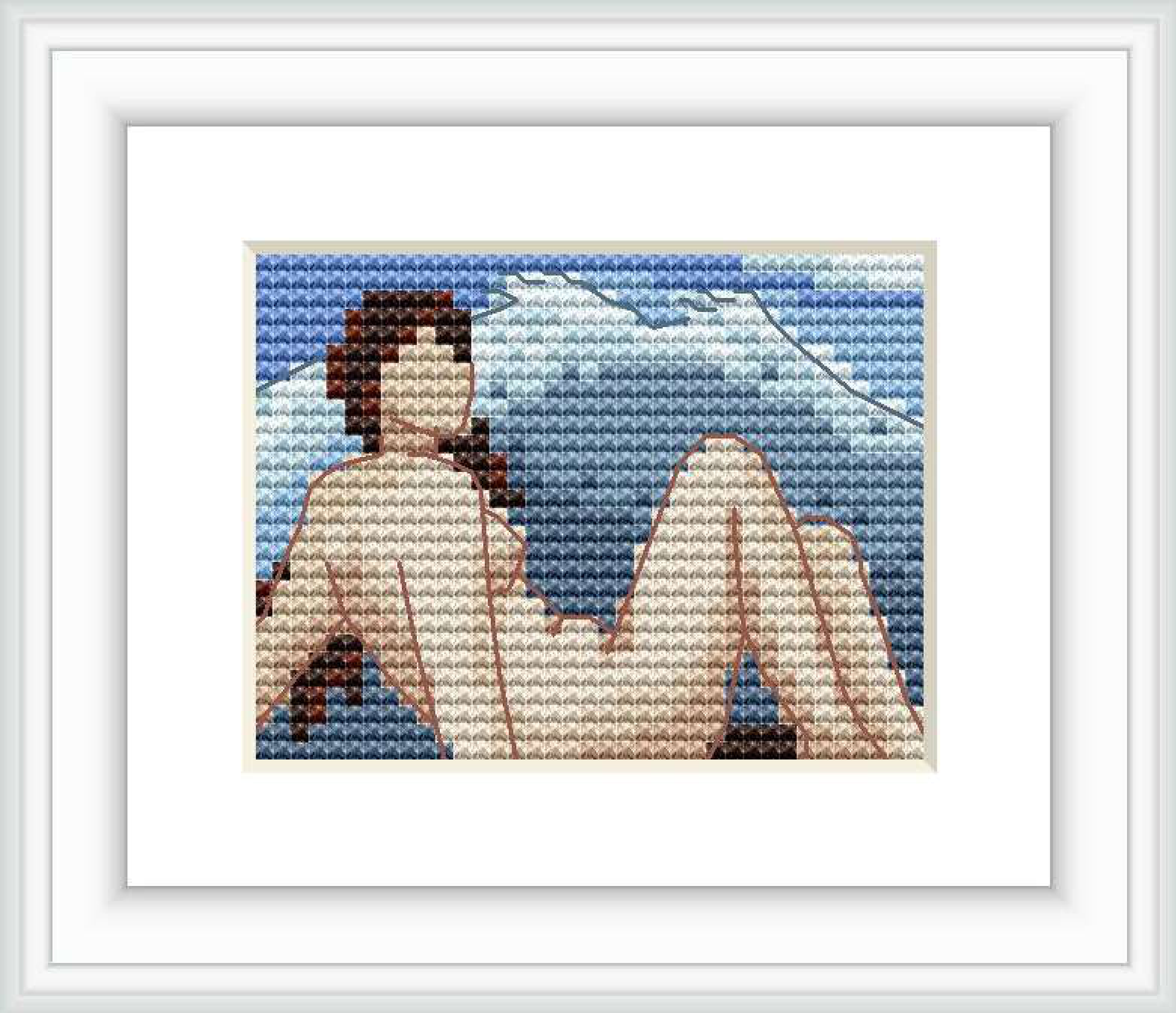 The image depicts a figure reclining against a backdrop of wavy lines representing the sea, with a calm color palette and a focus on figurative form.