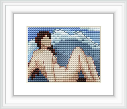 The image depicts a figure reclining against a backdrop of wavy lines representing the sea, with a calm color palette and a focus on figurative form.