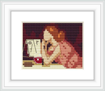 The cross stitch pattern depicts a sorceress pouring over an ancient book of spells, with a deep concentration and mystical aura.