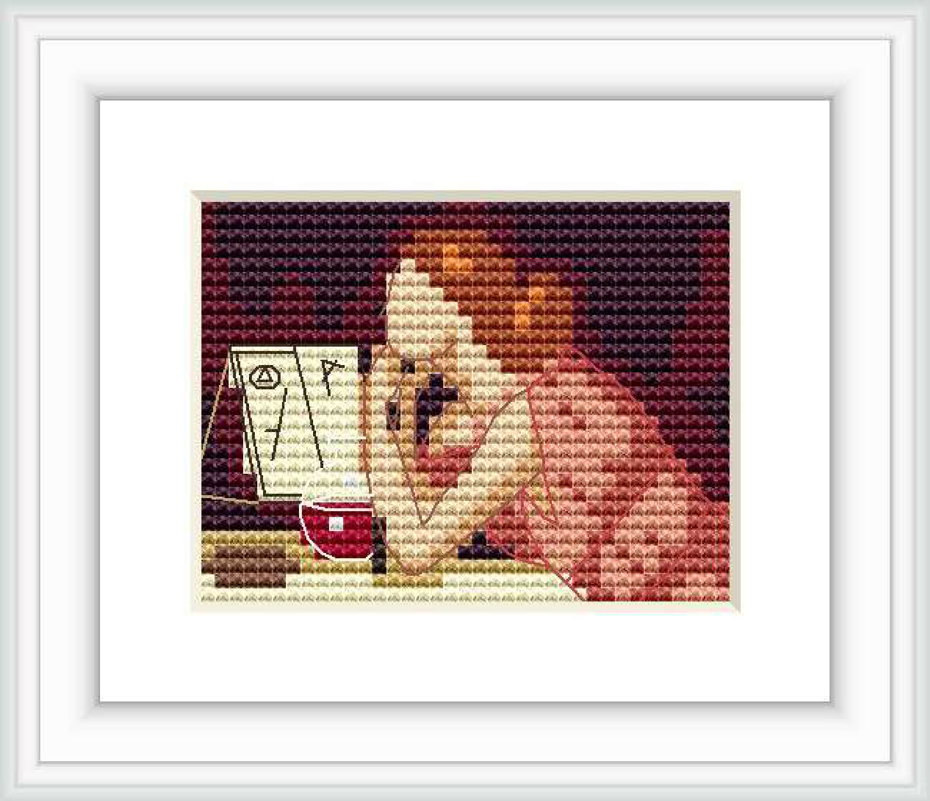 The cross stitch pattern depicts a sorceress pouring over an ancient book of spells, with a deep concentration and mystical aura.