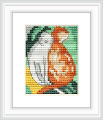 The image depicts two stylized cats, one red and one white, sitting closely together against a background of green and yellow hues. The design is framed within a square border and displayed in a white frame.