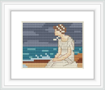The cross stitch pattern depicts a female figure sitting by the sea, the horizon visible in the background with soft waves, under a gradient sky from dark to light blue tones.