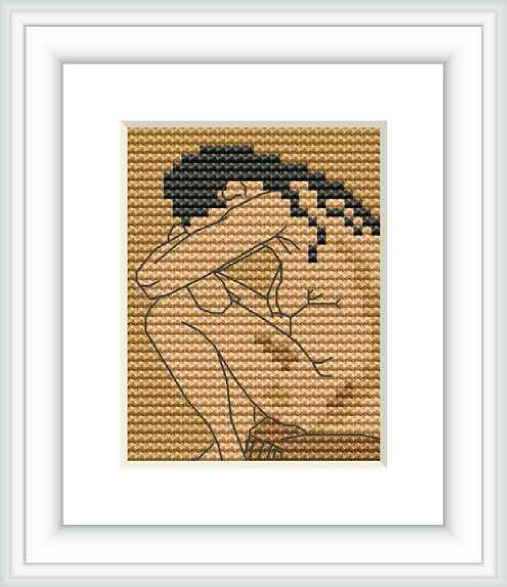 The image features the partial silhouette of a person, likely in a seated position with their head resting in their hand. This representation is within a rectangular frame and employs a limited color palette, focusing on forms created by line work and shading.