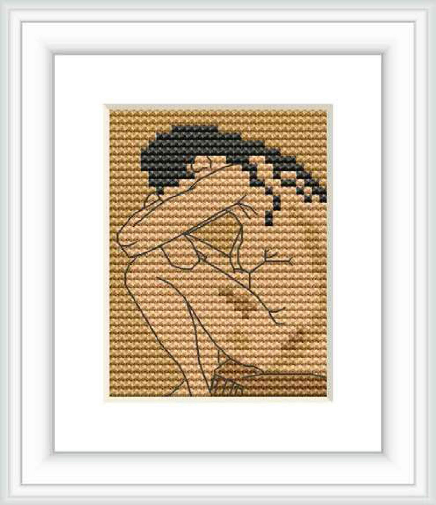 The image features the partial silhouette of a person, likely in a seated position with their head resting in their hand. This representation is within a rectangular frame and employs a limited color palette, focusing on forms created by line work and shading.