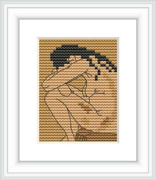 The image features the partial silhouette of a person, likely in a seated position with their head resting in their hand. This representation is within a rectangular frame and employs a limited color palette, focusing on forms created by line work and shading.