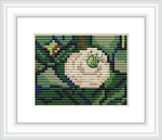 The image shows a framed cross stitch pattern featuring a central pinkish-white rose with a small beetle on top, set against a background of green foliage with hints of blue and purple.