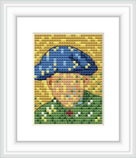 The image features a framed cross stitch pattern depicting a portrait of a child, likely inspired by Van Gogh's painting, with a focus on the face and hat against a plain background.