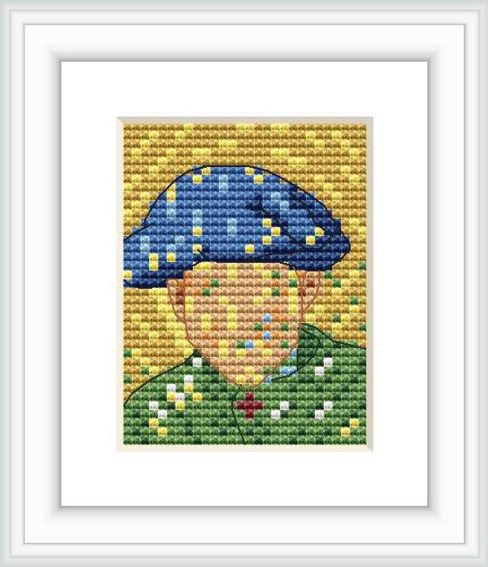 The image features a framed cross stitch pattern depicting a portrait of a child, likely inspired by Van Gogh's painting, with a focus on the face and hat against a plain background.