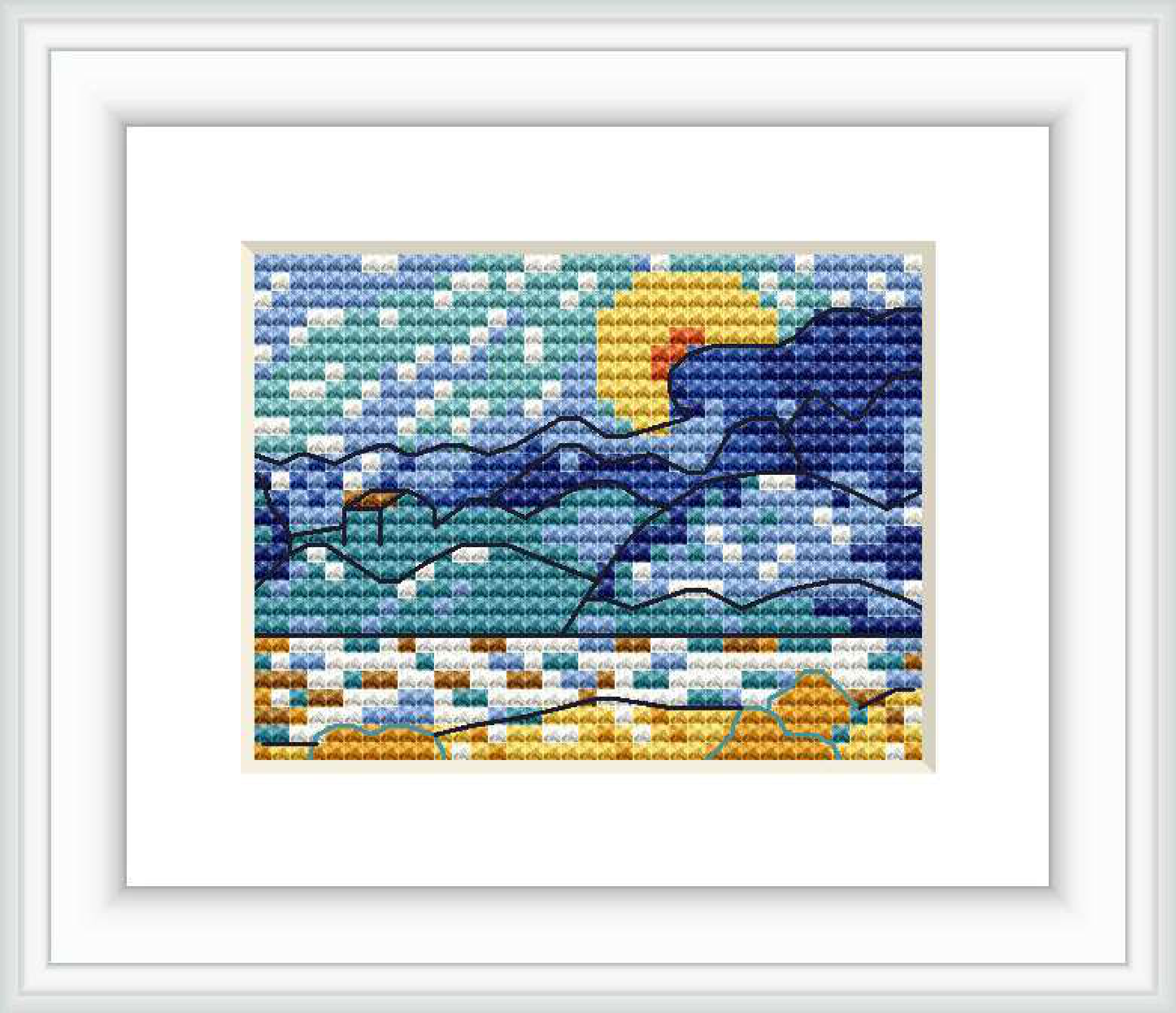 The cross stitch pattern depicts a tranquil landscape with a moon rising over sheaves of wheat, inspired by Vincent Van Gogh's art style.