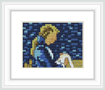 The image depicts a cross stitch pattern that resembles a portrait of a person, possibly Adeline Ravoux. The figure is shown in profile against a background full of blue hues, with emphasis on the yellow hat and tan face.