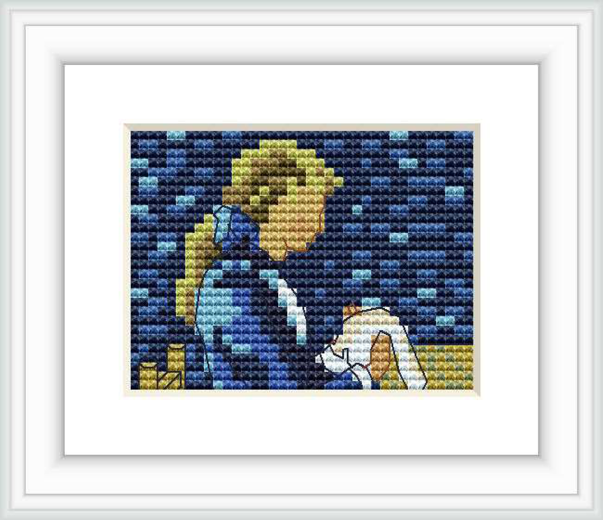 The image depicts a cross stitch pattern that resembles a portrait of a person, possibly Adeline Ravoux. The figure is shown in profile against a background full of blue hues, with emphasis on the yellow hat and tan face.