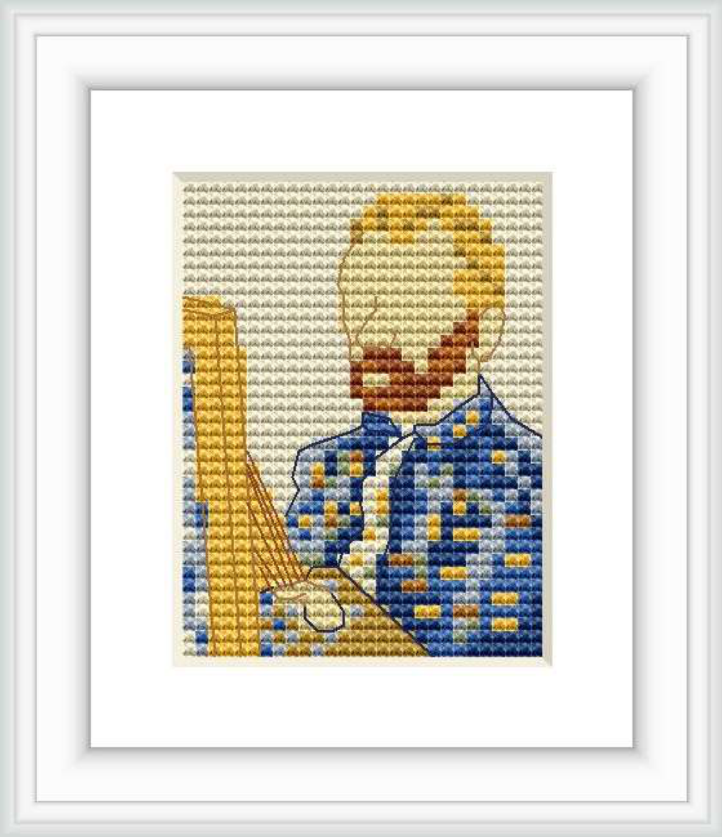 The image portrays a pixelated cross-stitch pattern of Vincent Van Gogh's self-portrait, including his face with a beard, a jacket, and a background composed of various color blocks.