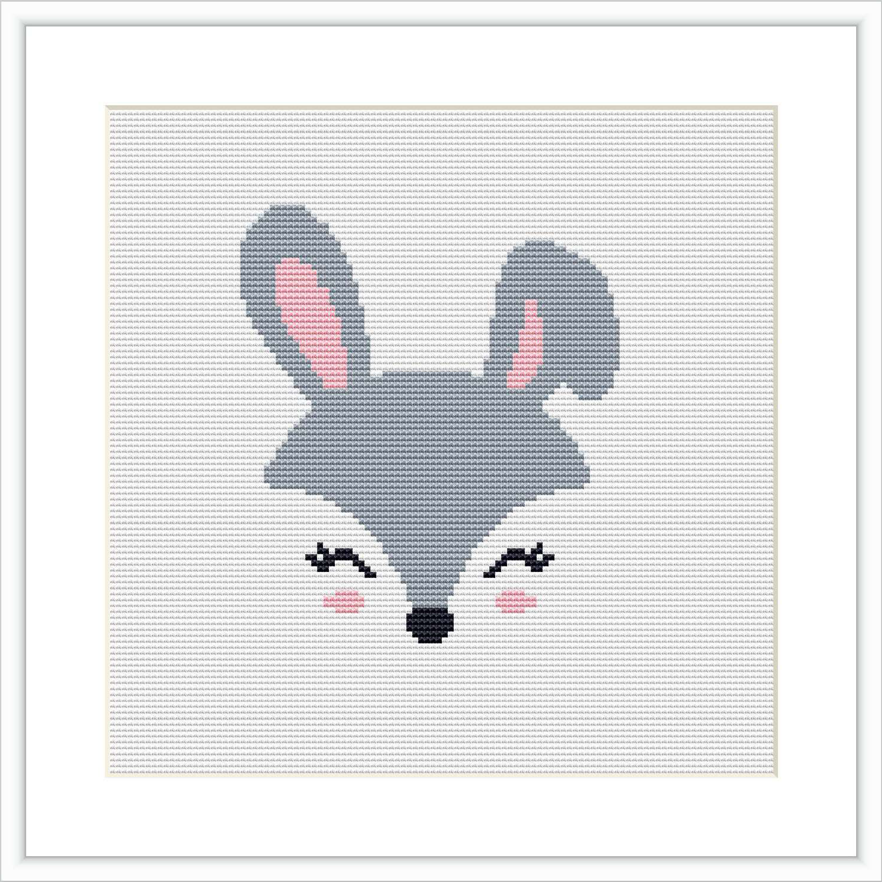 The image displays a cross stitch pattern featuring a stylized cartoon-like rabbit face with prominent ears and a playful expression. The pattern is centered on a evenly stitched canvas, bordered by a simple frame.