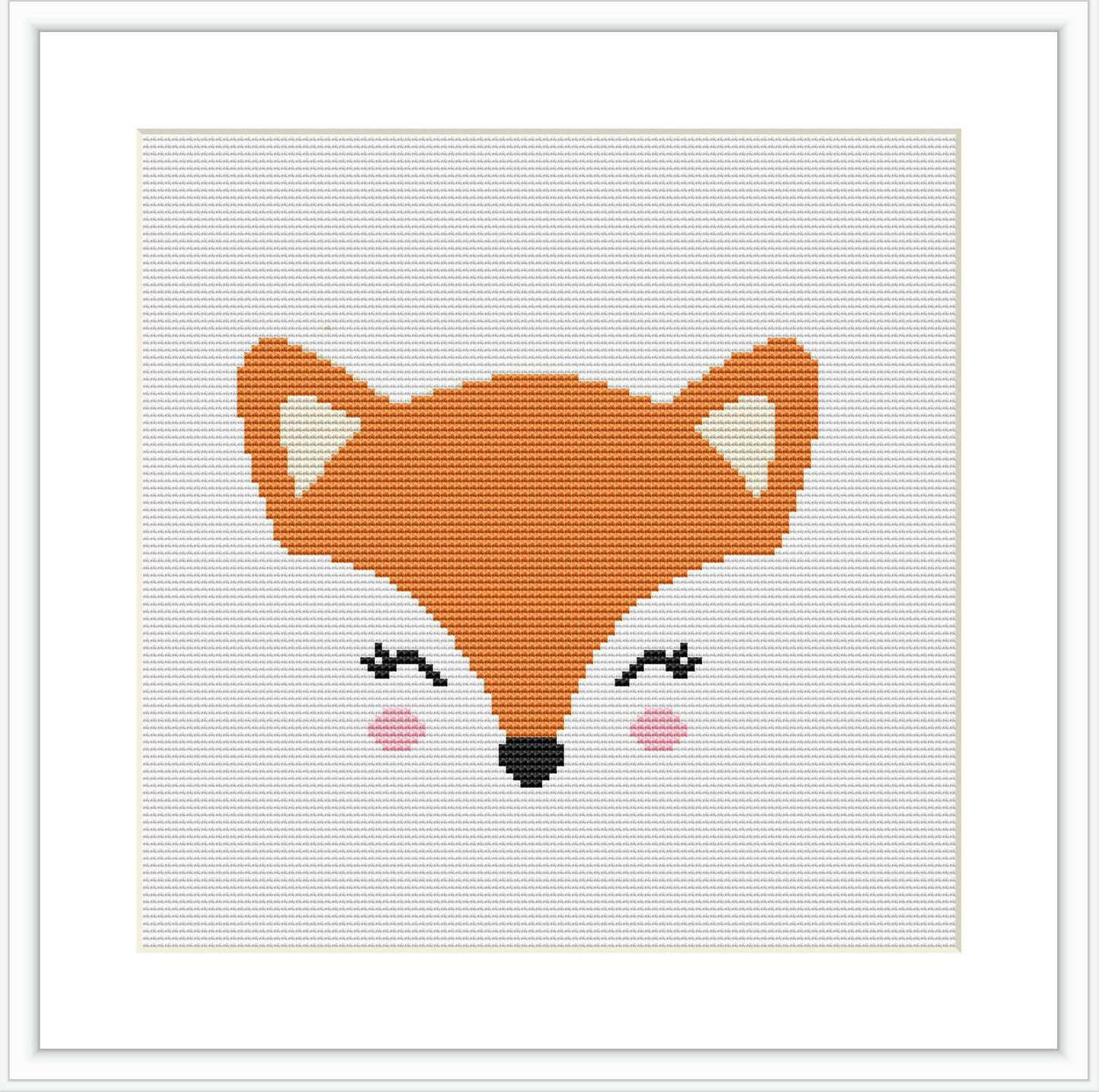 The image features a simplified representation of a fox's face, with prominent eyes and nose on a plain white background, framed in white.