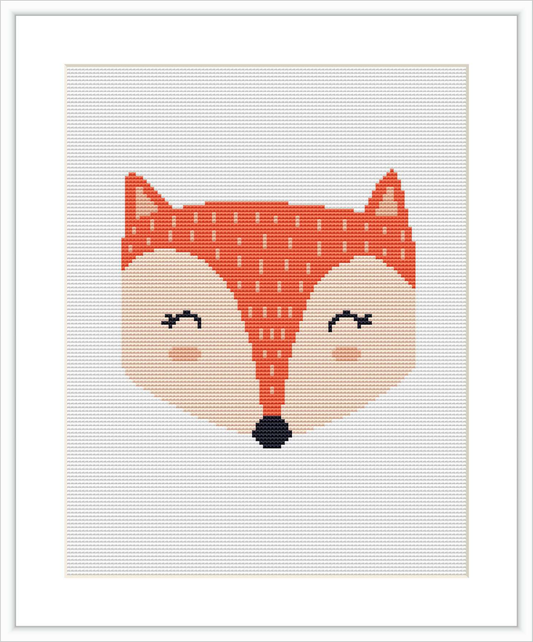 The image shows a simplified, stylized cross stitch pattern of a fox's face, centered on a grid-like canvas. The pattern is geometric with pixel-style minimalist detailing.