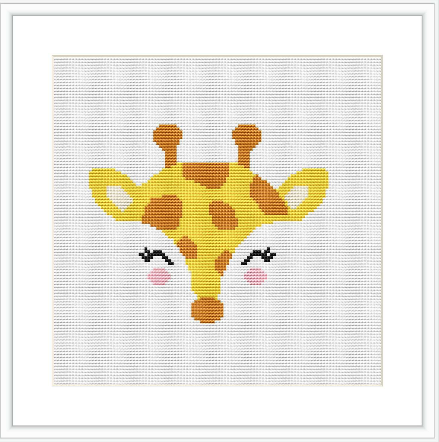 The pattern displays a stylized giraffe face centered within a square border. It shows noticeable cross-stitch pixels, forming the giraffe's eyes with lashes, ears, ossicones, and spots on a white background.