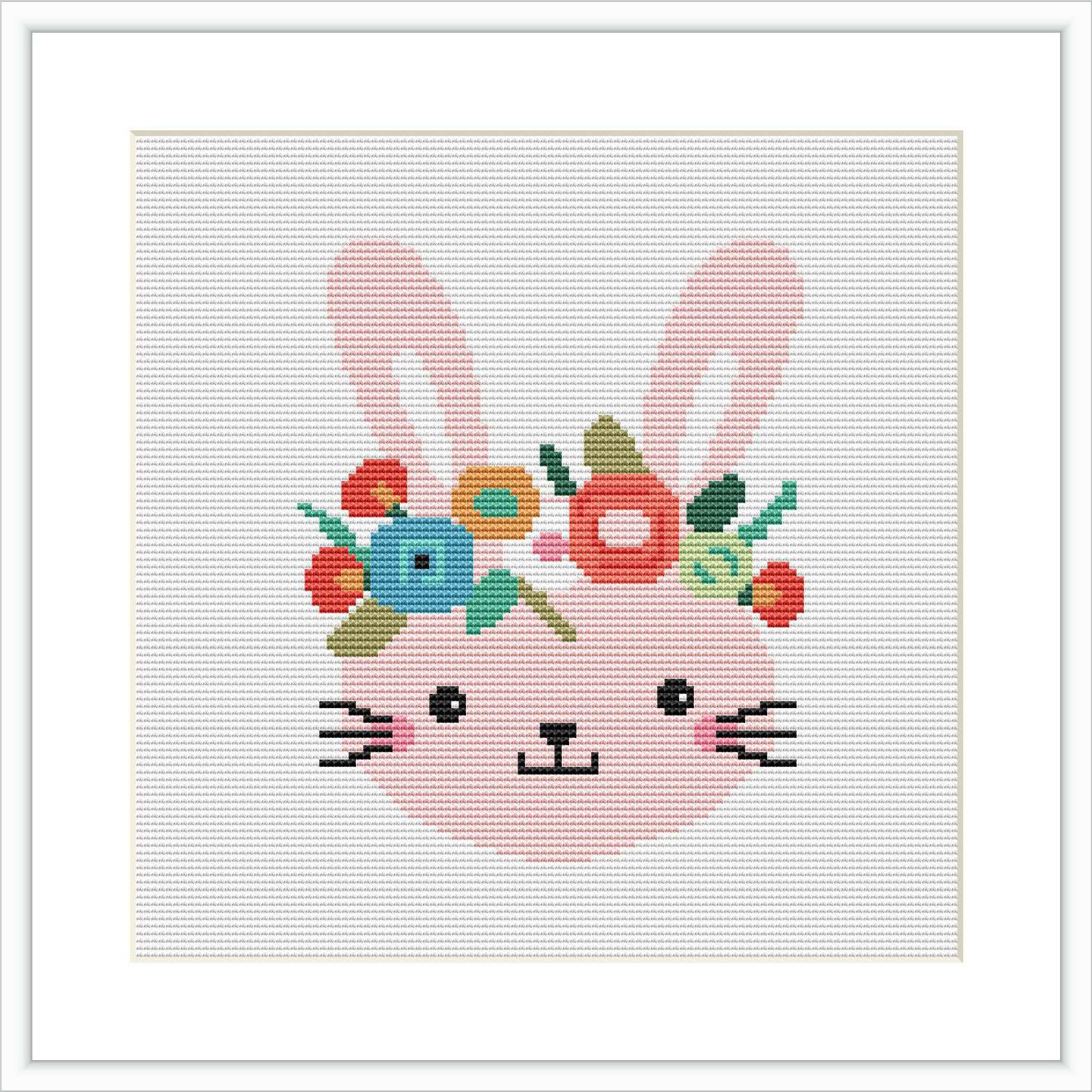 The image depicts a cross stitch pattern showing a stylized pink bunny with flowers and leaves on its head. The bunny has a cheerful expression with its eyes closed and mouth in a content smile. The embroidery is set within a square grid, framed by a simple white border.