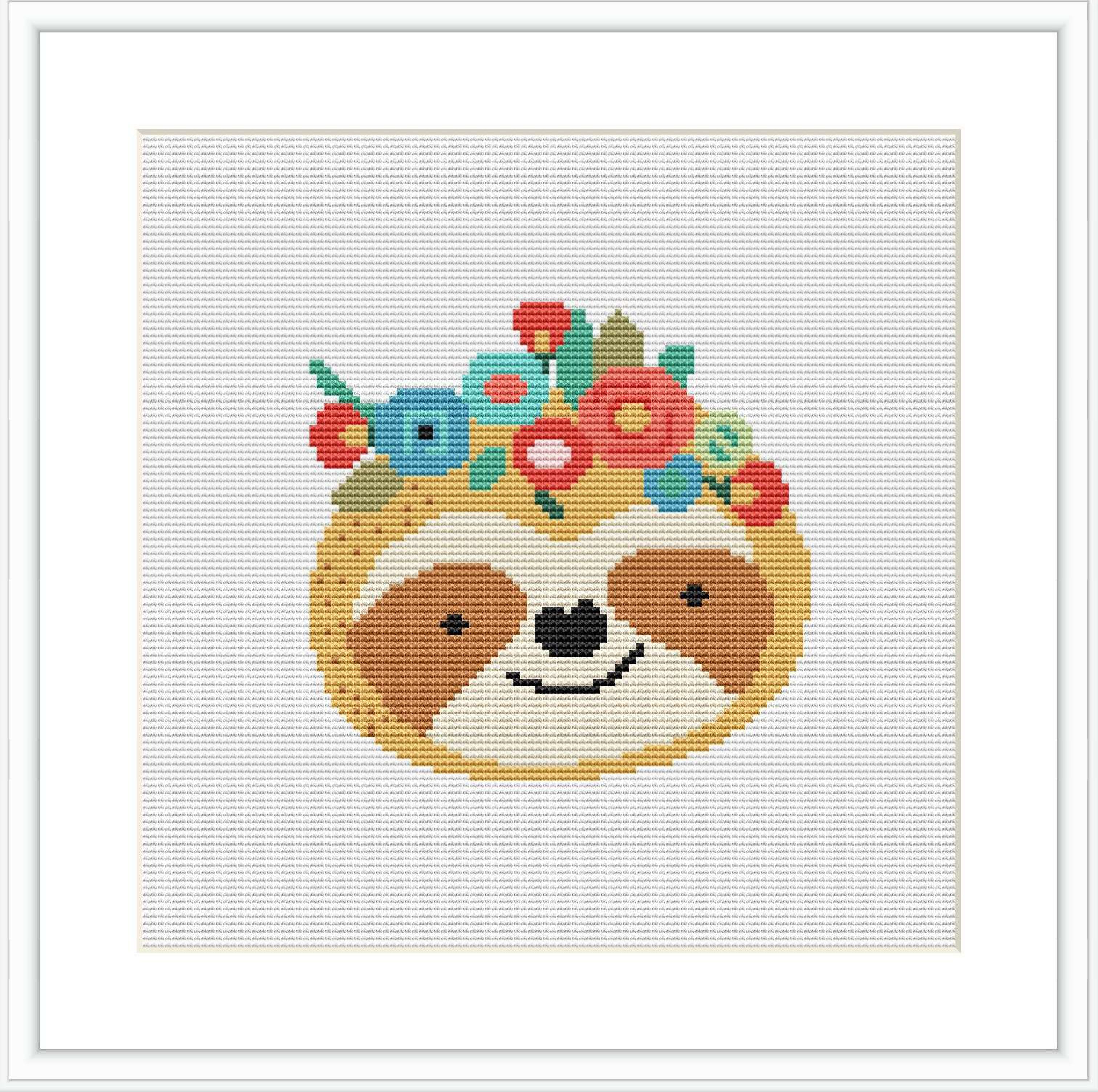 The image showcases a completed cross stitch pattern featuring a cute sloth with a contented expression. The sloth is decorated with a crown of flowers and berries on its head, centered on a white background.