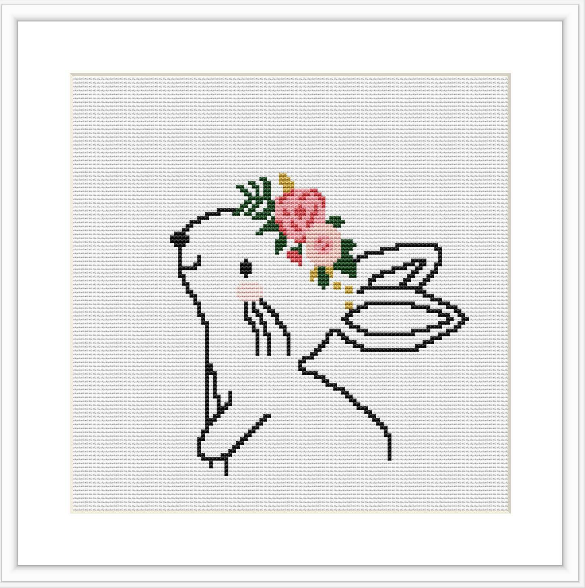 The image shows a cross stitch pattern of a bunny with wings and a floral crown on its head, displayed against a plain white background.