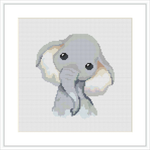 The image depicts a framed cross stitch pattern of a baby elephant centered on a white background. The elephant is designed with a palette of mostly soft grays and hints of blue, yellow, and green accents. Its eyes are detailed to give a gentle and playful expression.